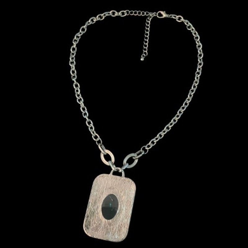 Southwestern Style Floral Etched Costume Silver & Mock Turquoise Rectangle Pendant Necklace & Drop Earring Set