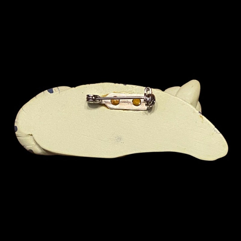 Vintage Blue and White Painted Ceramic Tiger Cat Brooch