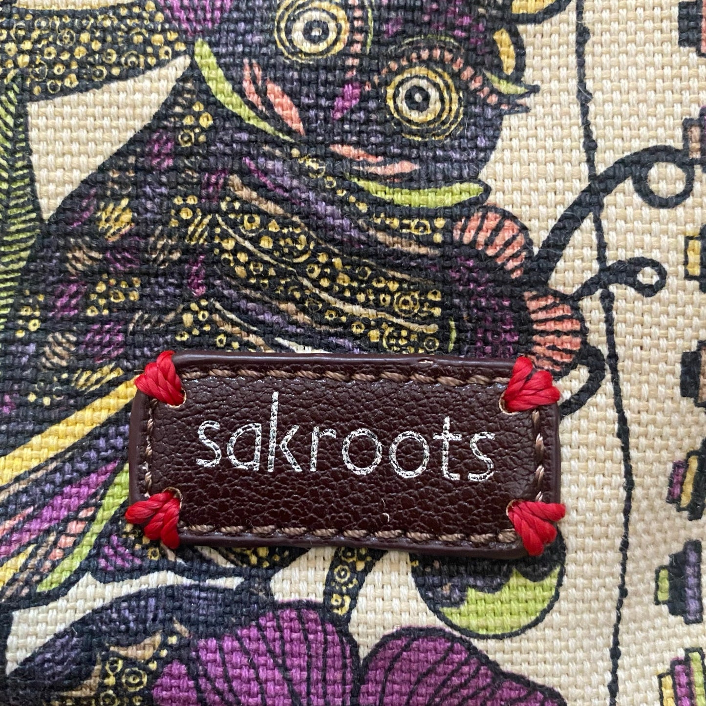 Small Earthy Peace Owl Printed Canvas Crossbody Bag with Dark Brown Faux Leather Strap