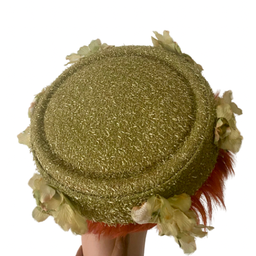Vintage Textured Chartreuse Grassy Green Flower Pillbox Hat