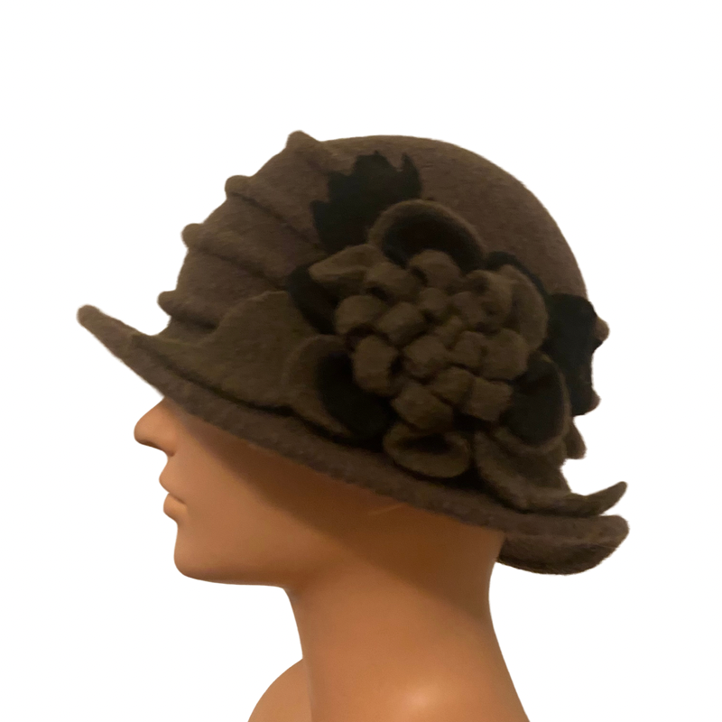 π 1920βs Style Wool Army Green/Black Flower Cloche Hat (57 cm)
