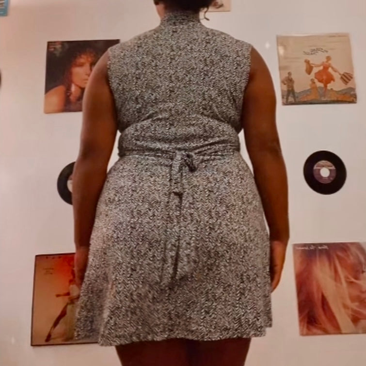 Vintage Black & White Herringbone Print A-Line Dress (L/XL)