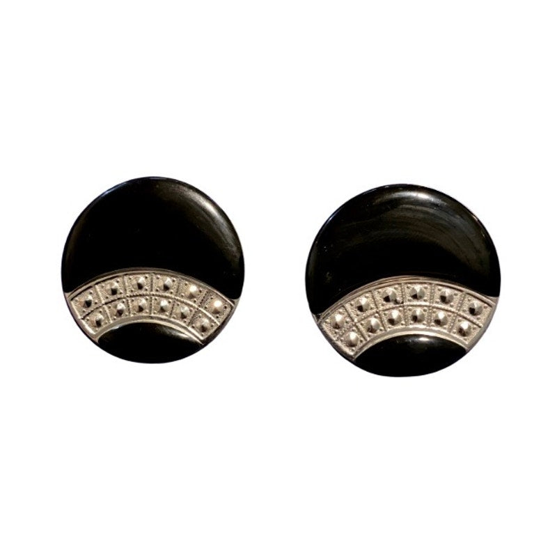 Vintage Art Deco Black and Silver Enamel Disc Earrings