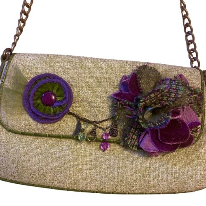 Y2K Green & Purple Flower Accent Shoulder Bag with Faux Alligator Chain Strap