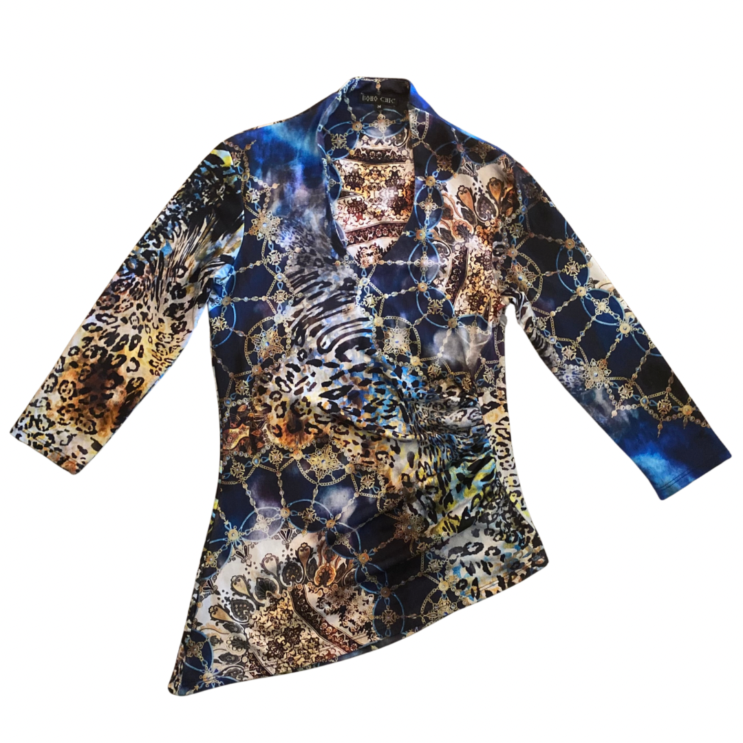 Y2K Ruched Blue & Gold Leopard Print Asymmetrical Hem Top (Small/Medium)