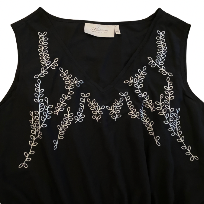 V-Neck Sleeveless Black & White Embroidered Drawstring Waist Chiffon Tank (L)