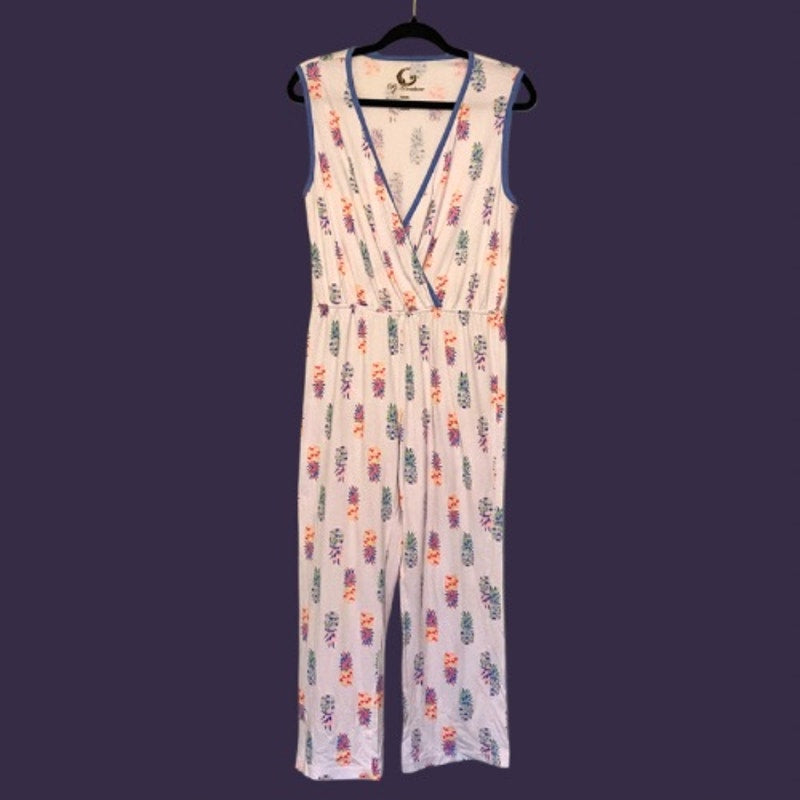 Y2K White/Multicolor Pineapple Print Sleeveless Jumpsuit Pajamas (M)