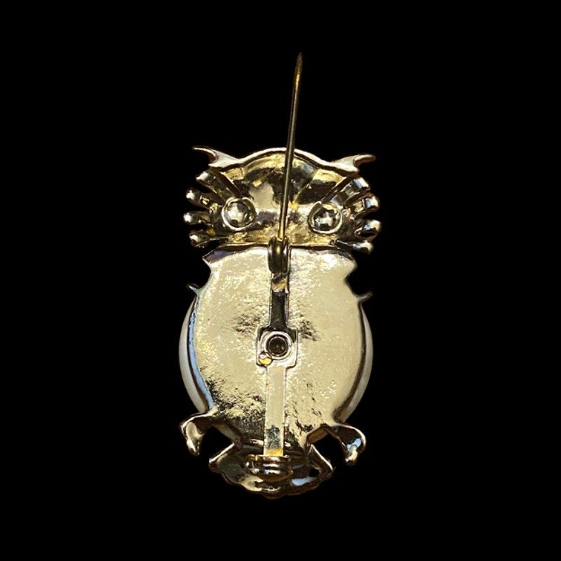 Vintage Pearly White “Jelly Belly” Gold Toned Green-Eyed Owl Brooch
