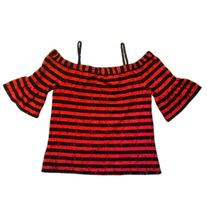 Black and Red Striped Floral Lace Off Shoulder Blouse (M)