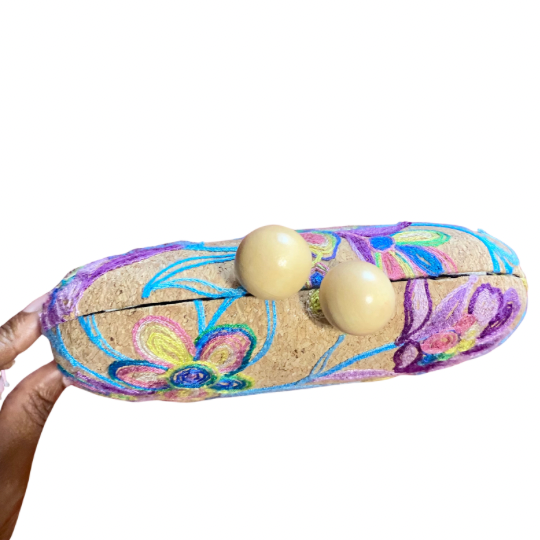 Floral Embroidered Cork Oval Clutch/ Crossbody Bag with Removable Gold Chain Strap