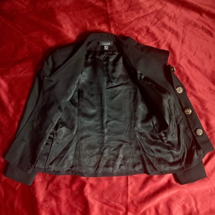 Vintage 1980’s Black Blazer With Gold Rose Buttons ( Size 10)