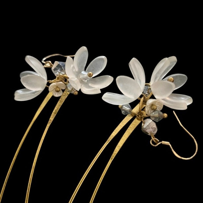 Frosted Acrylic Crystal Bead Flower Blossom Gold Dangle and Drop Earrings