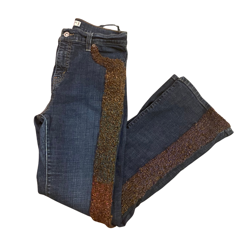 70’s Inspired Upcycled Secondhand Levi Bootcut 512 Jeans with Handknit Accents (10 M)