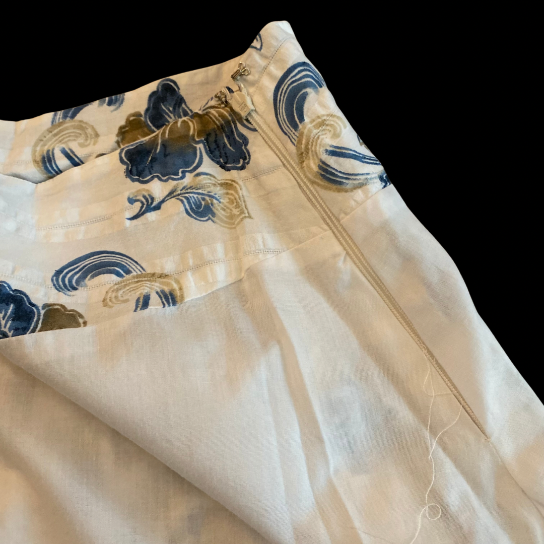 White/ Gold/Blue Cotton Hibiscus Print Skirt (10)