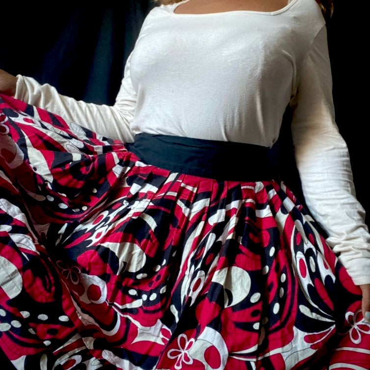 🔔 100% Cotton Red/ Black/White Retro Groovy Floral Circle Midi Skirt w/ Sash (L)