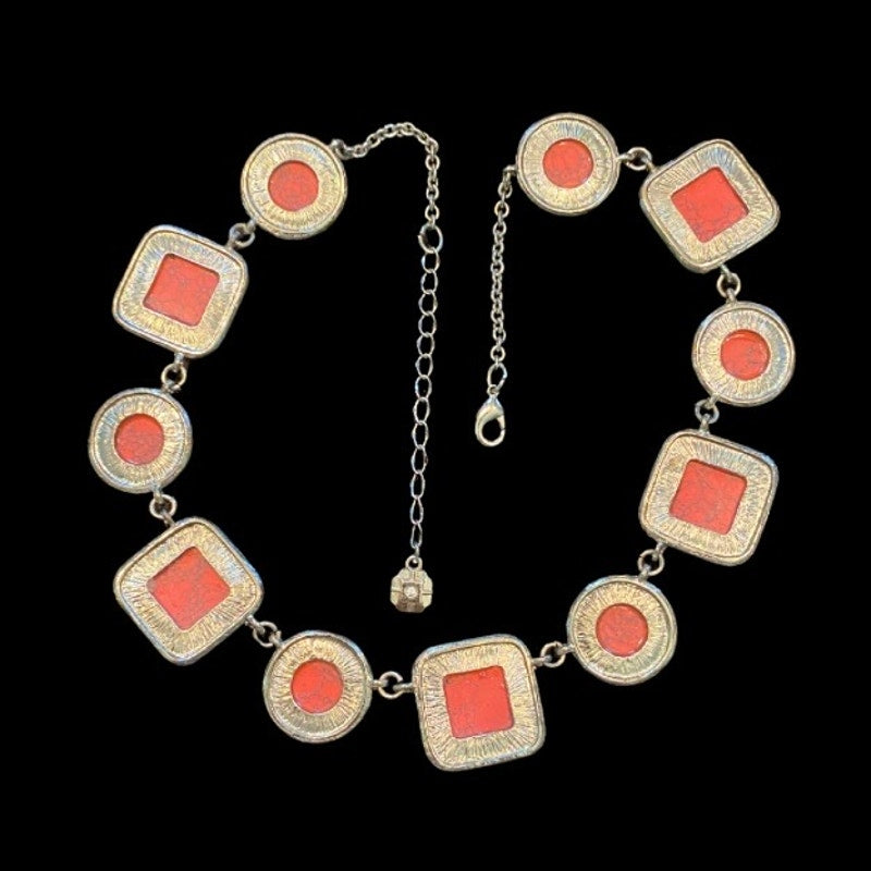 Southwestern Style Mock Pink Howlite Square and Circle Link Necklace