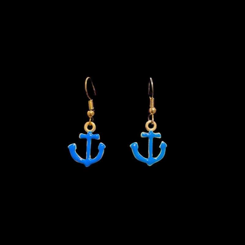 Dainty Cobalt Blue & Yellow Gold Ship Anchor Earrings