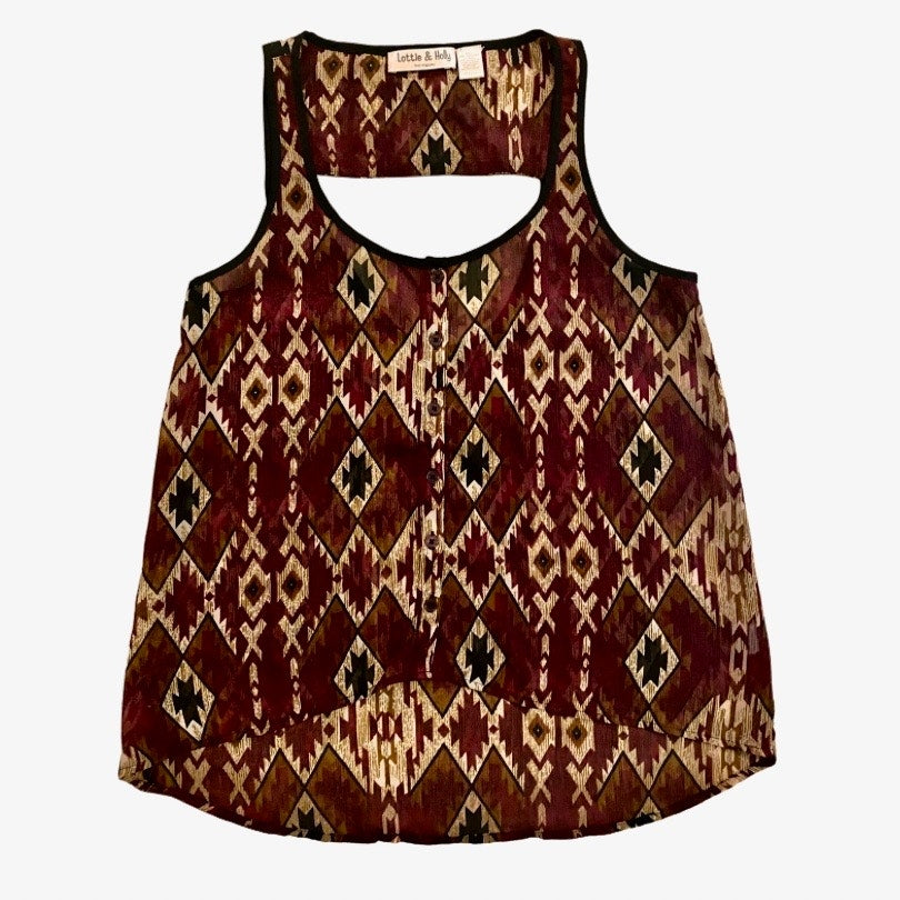 Sleeveless Sheer Black/ Burgundy Red/Cream Geometric Print Button Down Blouse (S)