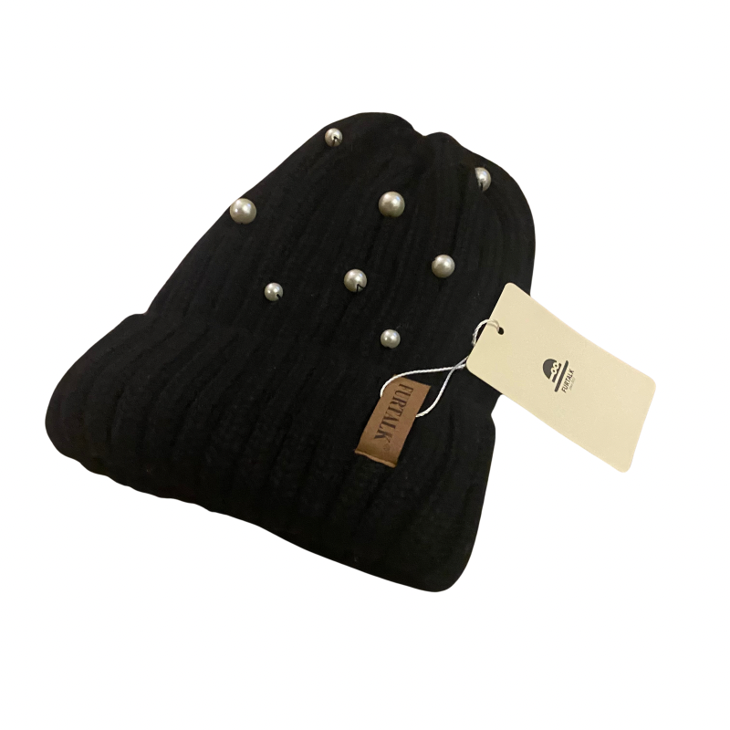 đź”” Upcycled Pearl-Studded Black Knit Beanie