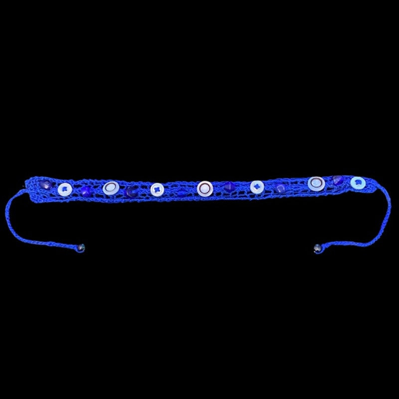 Black and White Button Embellished Royal Blue Handknit Cotton Choker Necklace