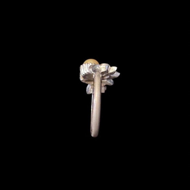 Vintage Avon Faux Cream Pearl Rhinestone Feather Fan Silver Toned Ring (6-7)