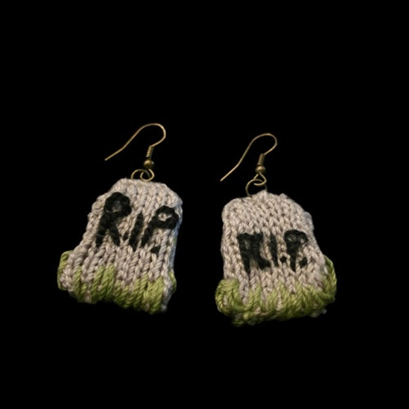 “R.I.P.” Grassy Tombstone Earrings | Handknit with Cotton Thread