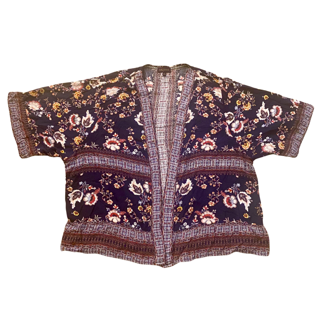 Navy Blue Floral Open Front Rayon Kimono-Inspired Cardigan (L)