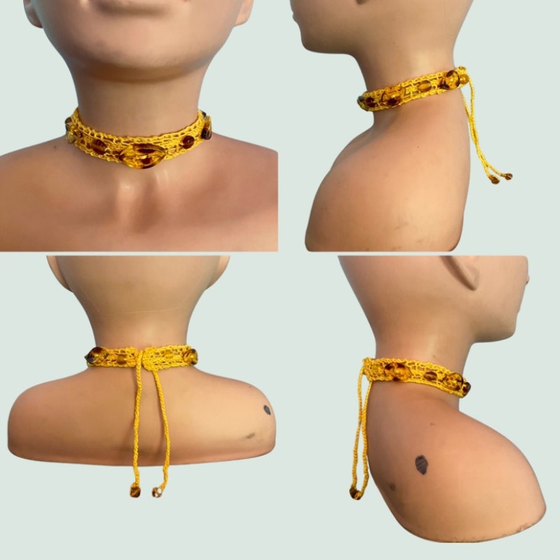 Lemon Yellow Button Embellished Handknit Cotton Choker Necklace