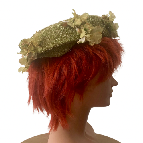 Vintage Textured Chartreuse Grassy Green Flower Pillbox Hat