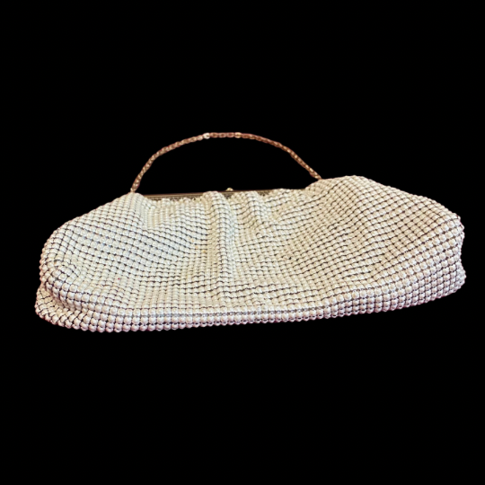 Vintage Small 60’s/70’s Pearly White Acrylic Mesh/ Brass Metal Frame Evening Bag