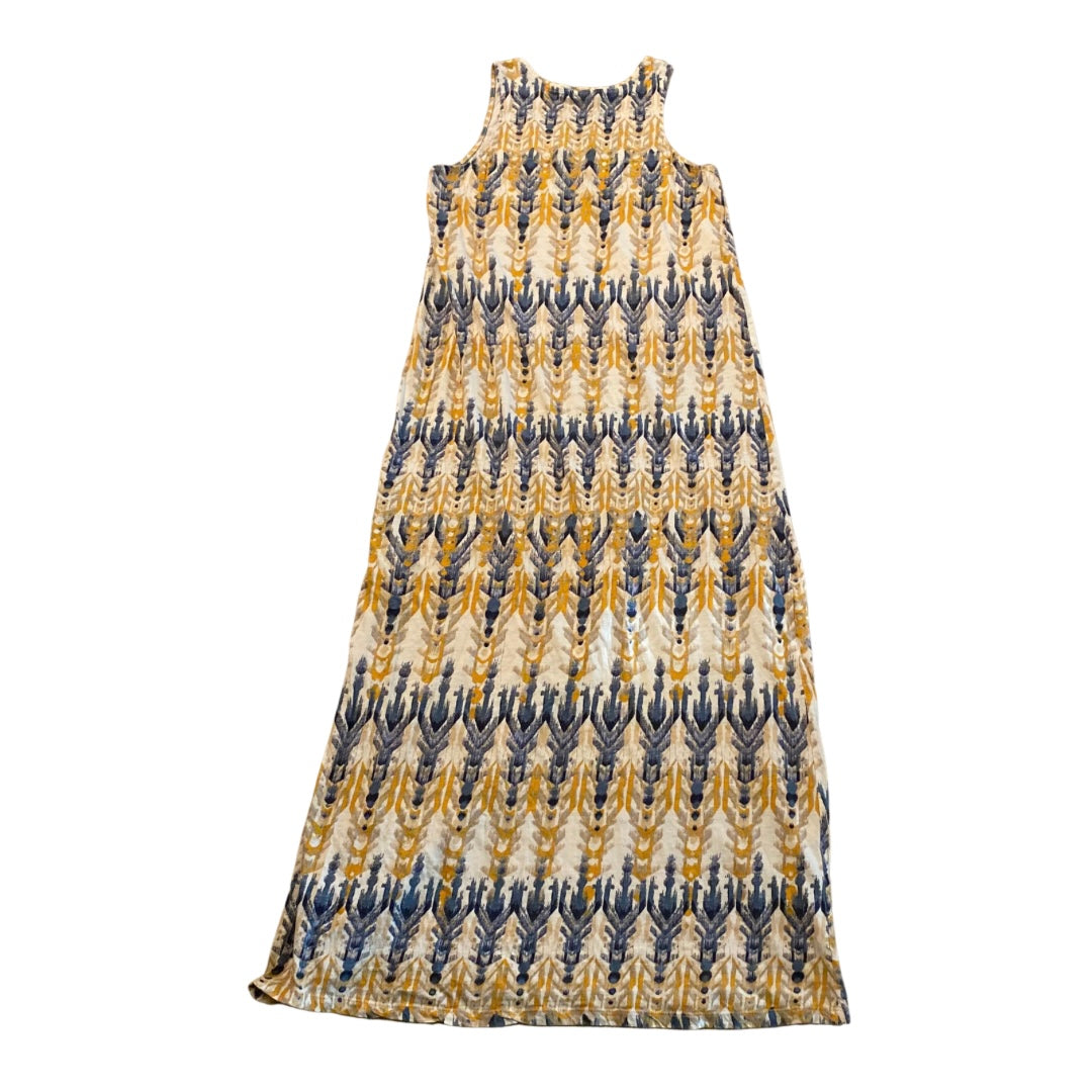 Sleeveless Yellow, Cream, & Blue Dyed Print Cotton Maxi Dress (M)
