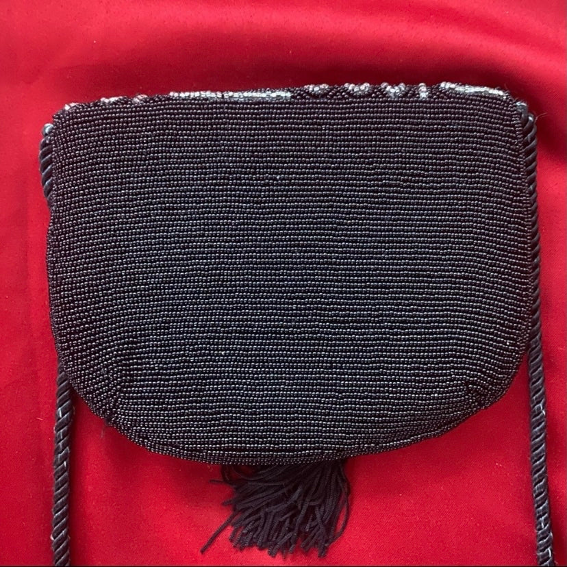 Vintage Black/Silver Micro-beaded Evening Crossbody Bag