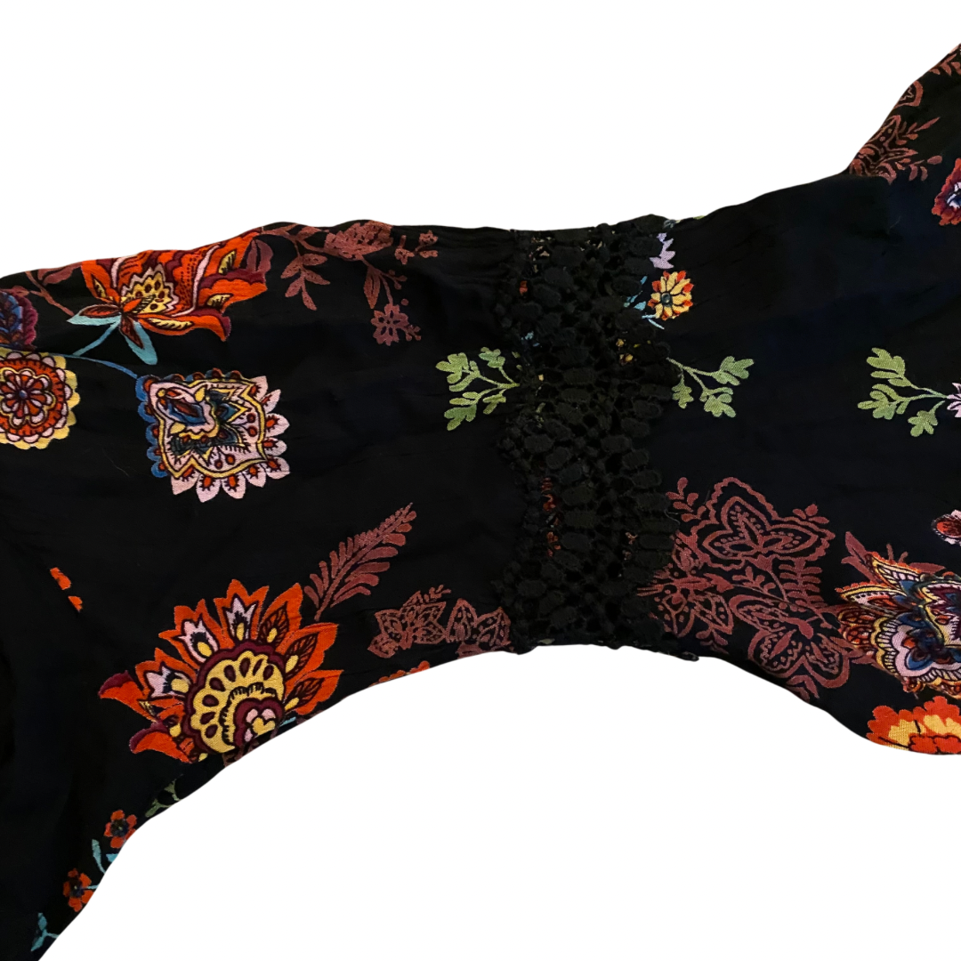 Vintage Black Floral Bell Sleeve Top (M)