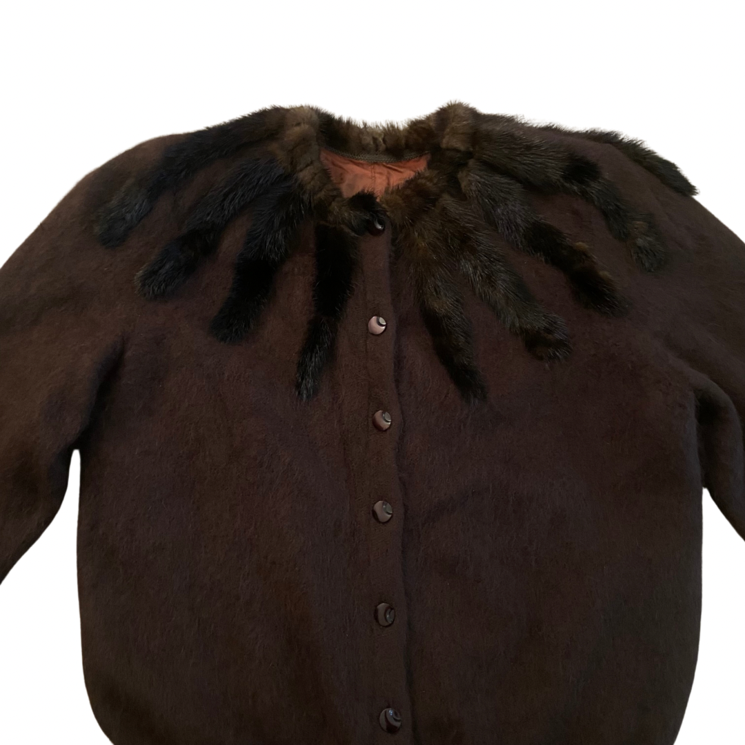 Vintage Chocolate Brown Rabbit Fur Knit Button-Down Sweater (Large)