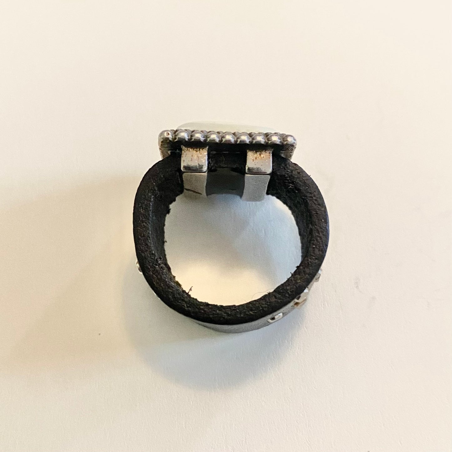 80's Mother of Pearl Square Signet Ring with Studded Leather Band (4.5)