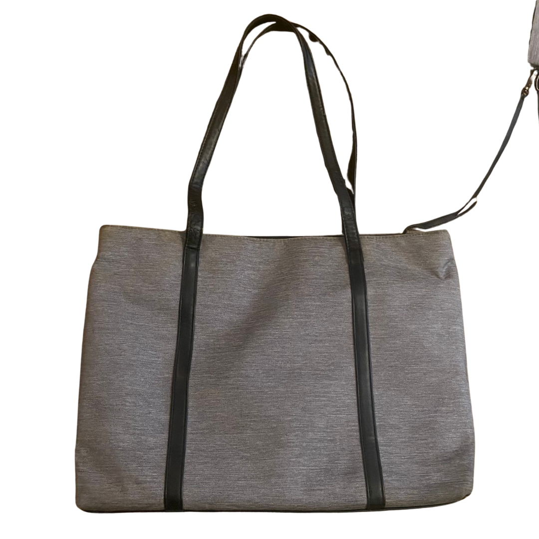 Large Grey Canvas and Black Pleather Laptop/ Work Tote Bag with Detachable Pouch