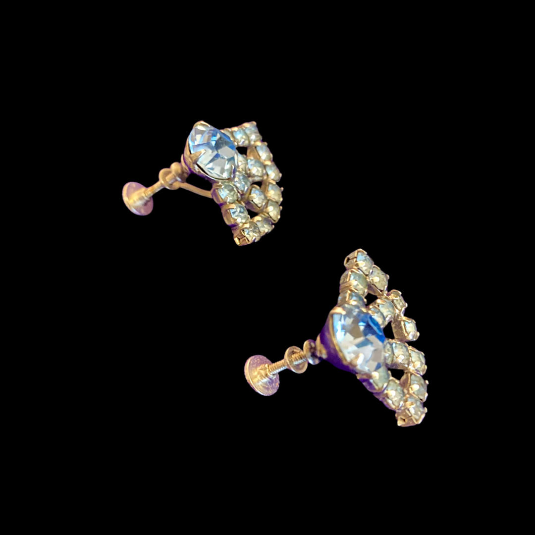Vintage Silver & Blue Rhinestone Studded Fan Earrings