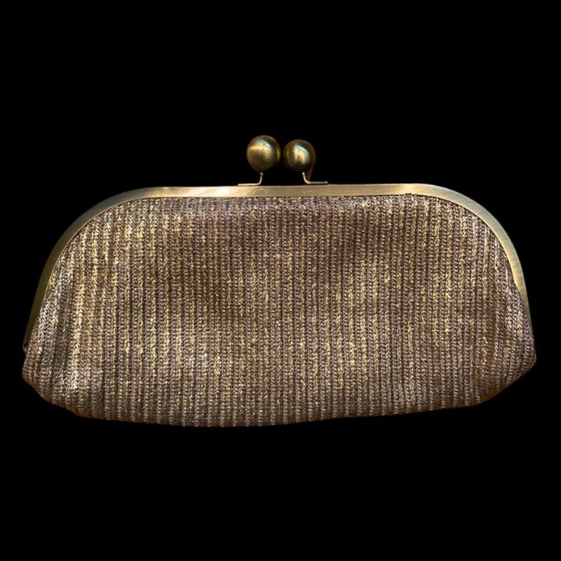 Large Vintage Knit Metallic Gold Clutch with Bronze Toned Chain Strap