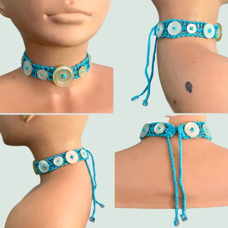 Pearlescent Button Embellished Handknit Turquoise Cotton Choker Necklace