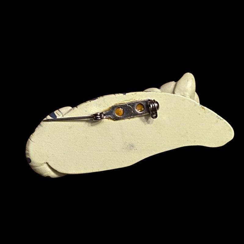 Vintage Blue and White Painted Ceramic Tiger Cat Brooch
