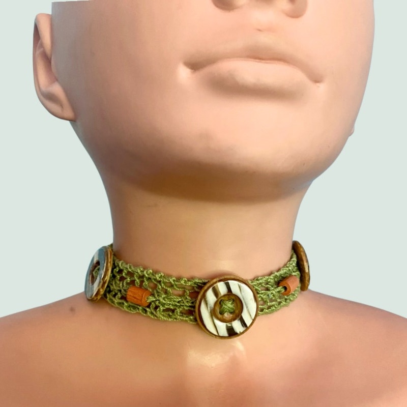 Sage Green Button Embellished Handknit Cotton Choker Necklace