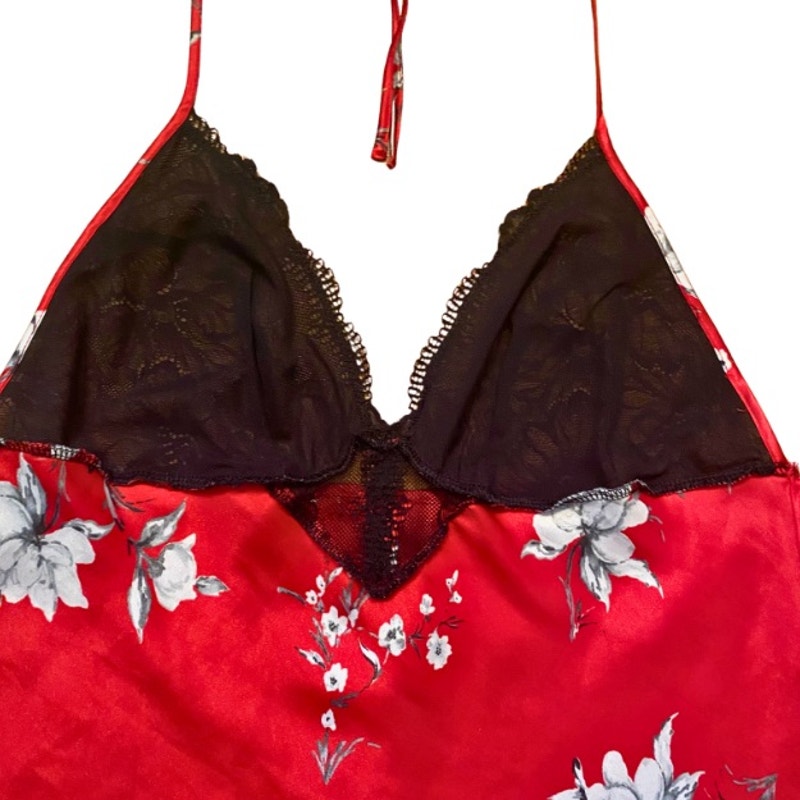 Y2K Black, Red, & White Satin Floral Halter Top Night Dress (L)