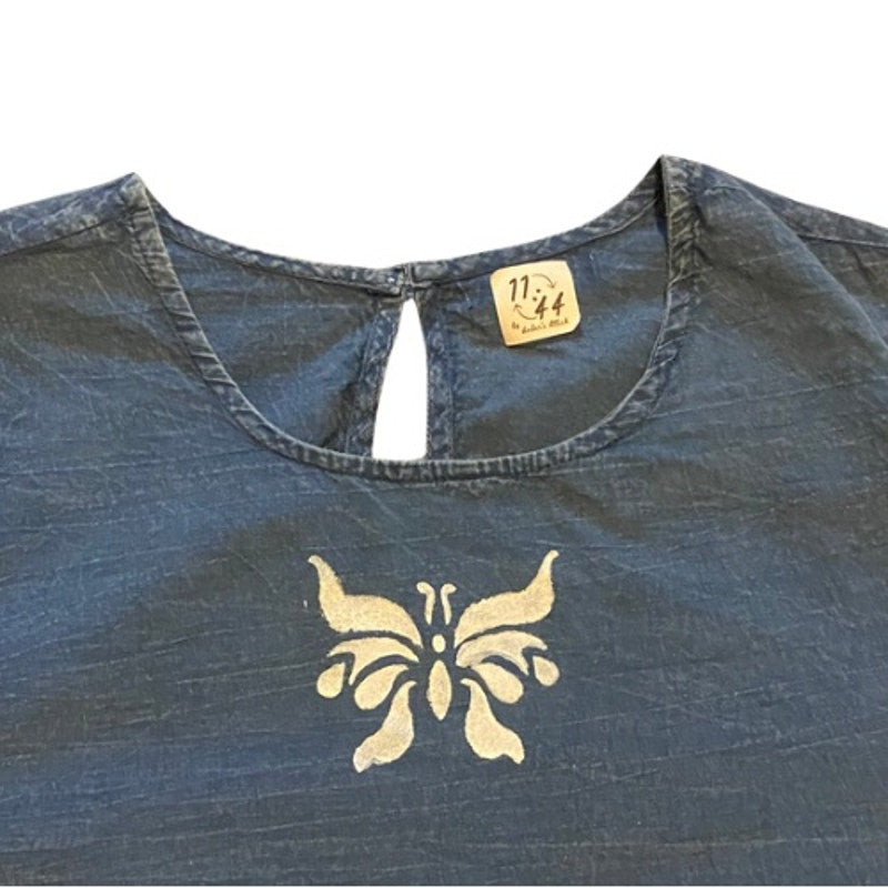Breezy Indigo Blue & White Butterfly Bell Sleeve Lace Hem Cotton Blouse (M)