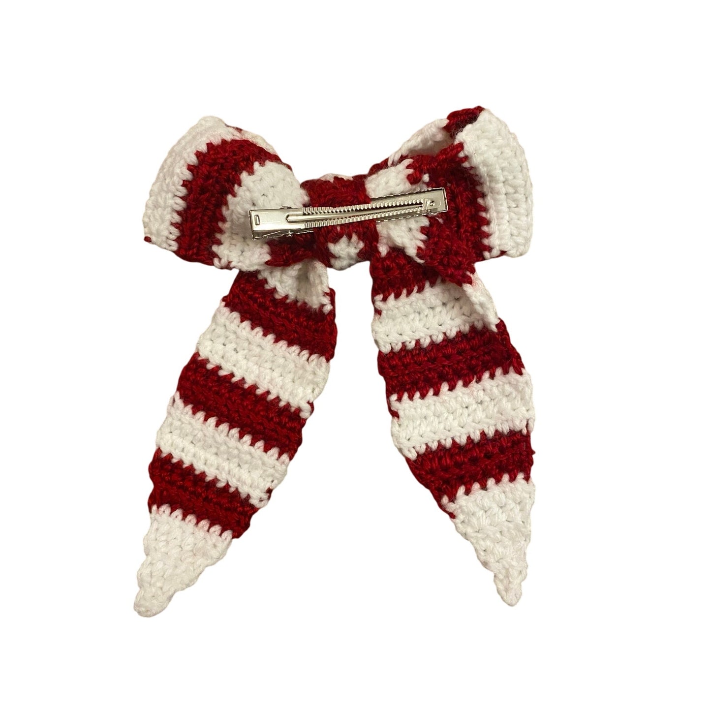 Candy Cane Red & Cream Striped Crochet Bow - Handmade Accessory with Removable Clip