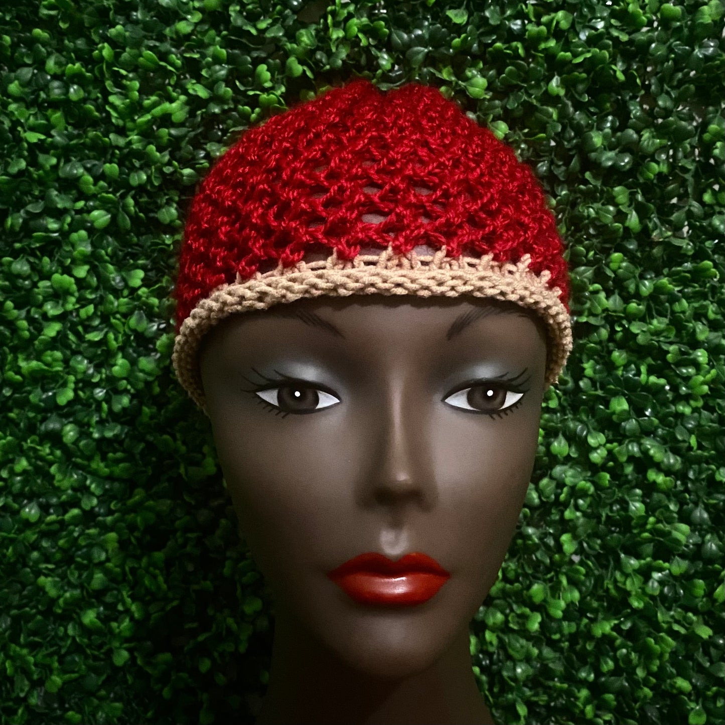 Cherry Red/ Tan Knit Mesh Skull Cap/ Beanie (M/L)