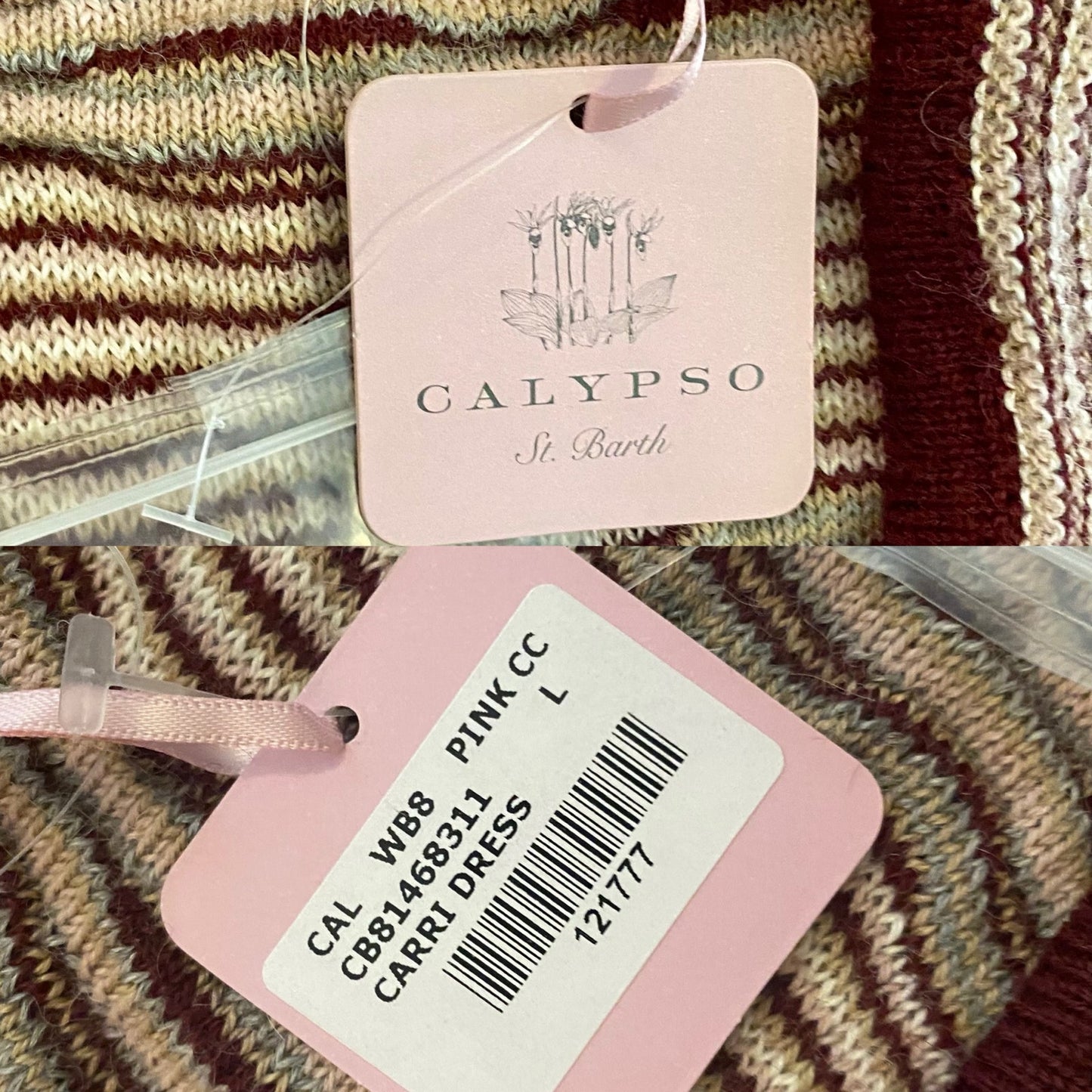 NWT V-Neck Pink/ Burgundy/ Cream/ Striped Baby Alpaca Wool Knit Ruffle Hem Dress (L)