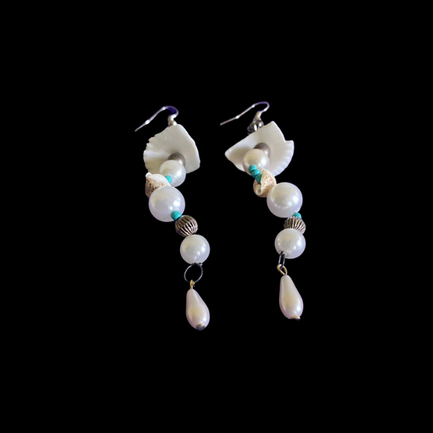 Aquata | White/ Multi Shell Mock Pearl & Turquoise Beaded Dangle Earrings