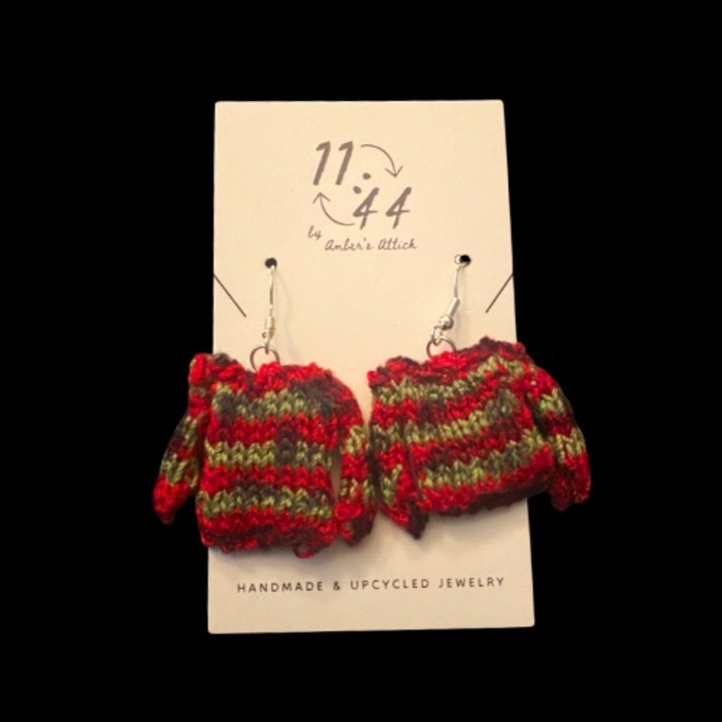 KRUEGER Red & Green Striped Sweater Earrings | Handknit with Cotton Thread