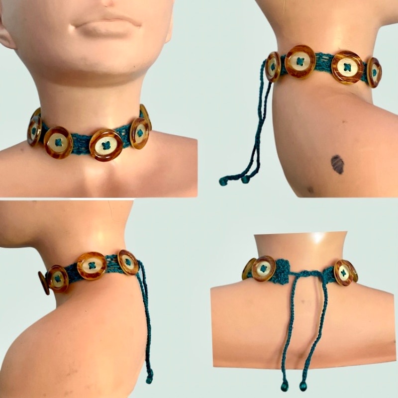Faux Mother of Pearl /Tortoiseshell Button Embellished Handknit Teal Cotton Choker Necklace