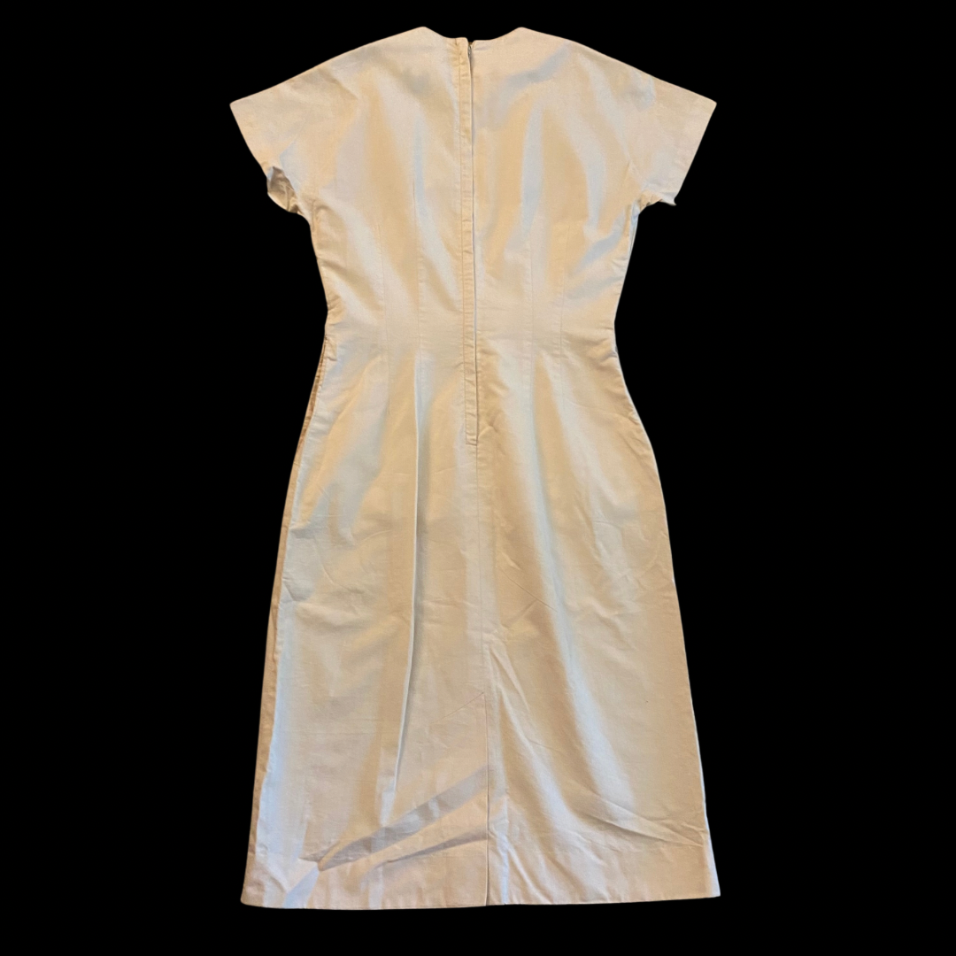 Vintage Beige and White Lace Panel Wiggle Dress with Bow (S)